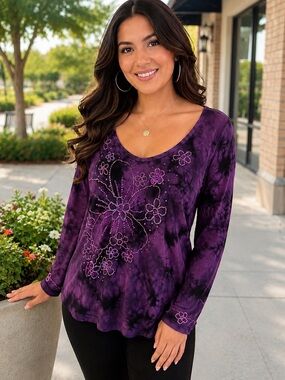 Chaudry Purple Tie-Dye Embellished Long Sleeve Scoop Neck Top
